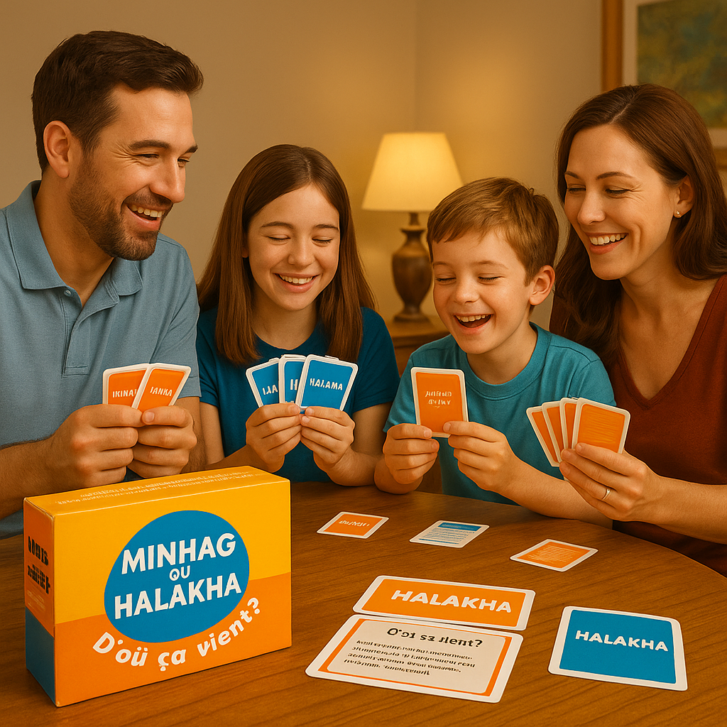 Parents et enfants débattant sur les cartes Minhag ou Halakha lors d'un Shabbat