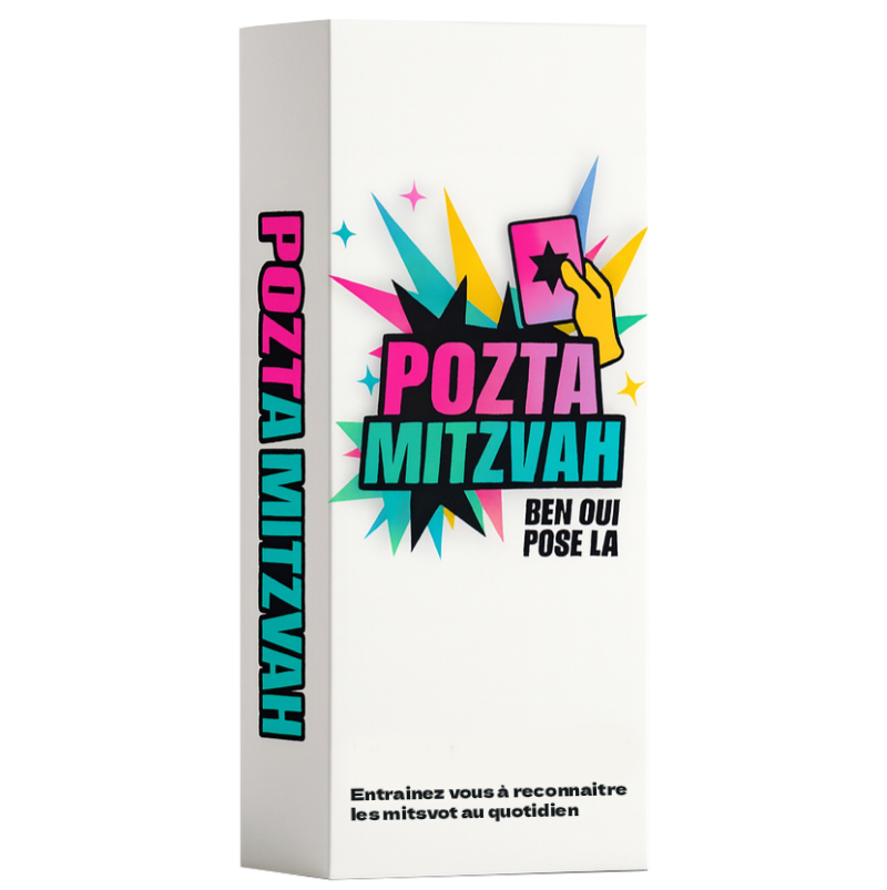 Boîte du jeu Poztamitsvah avec 185 cartes mitsvot pour la préparation bar mitzvah et bat mitzvah